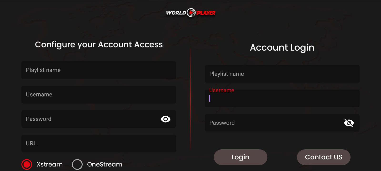 World Player login screen